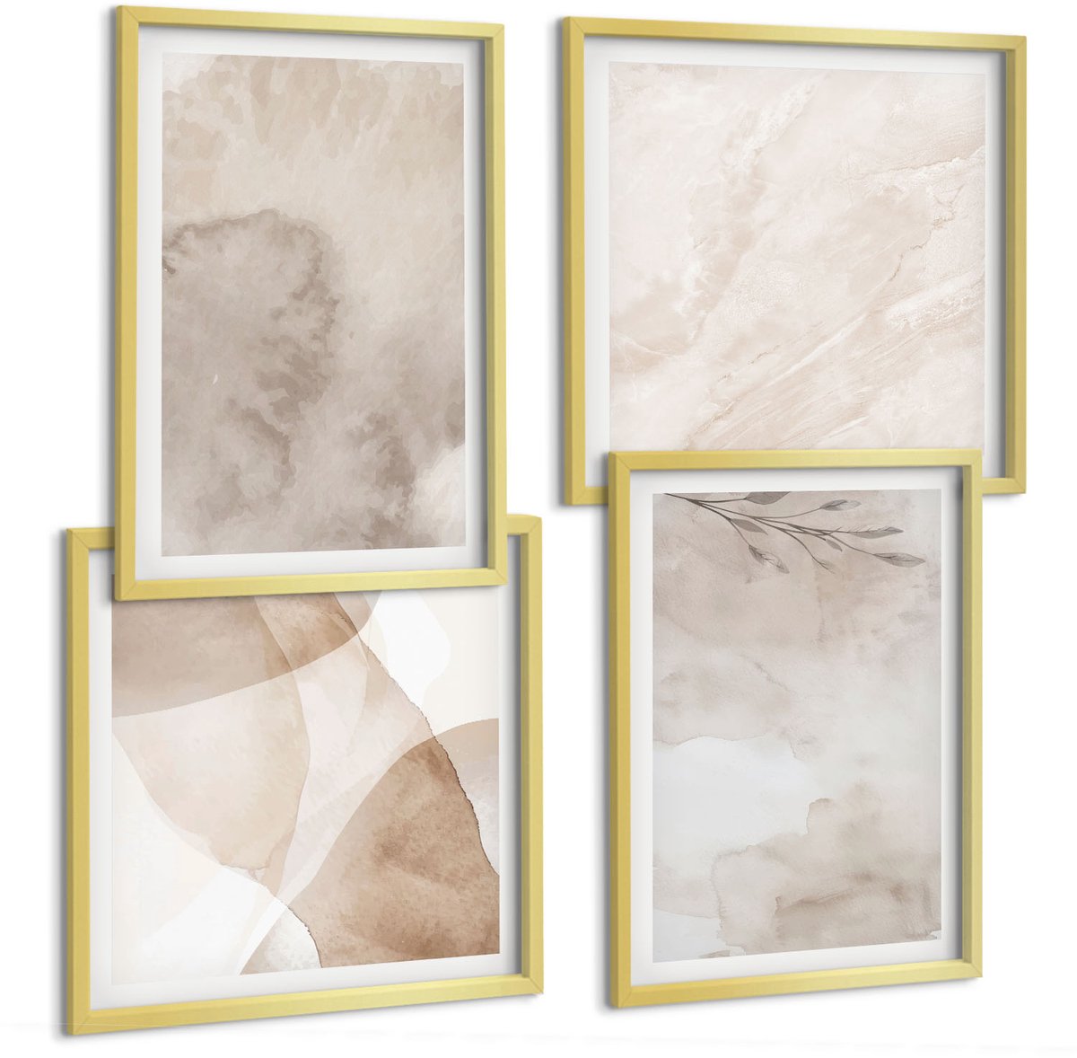 TULUP 4-Delige Schilderij Set - Textuur van gemorste aquarelverf in boho-stijl - 40 x 40 cm en 40 x 60 cm - Moderne Wanddecoratie - Woonkamer Gouden lijst
