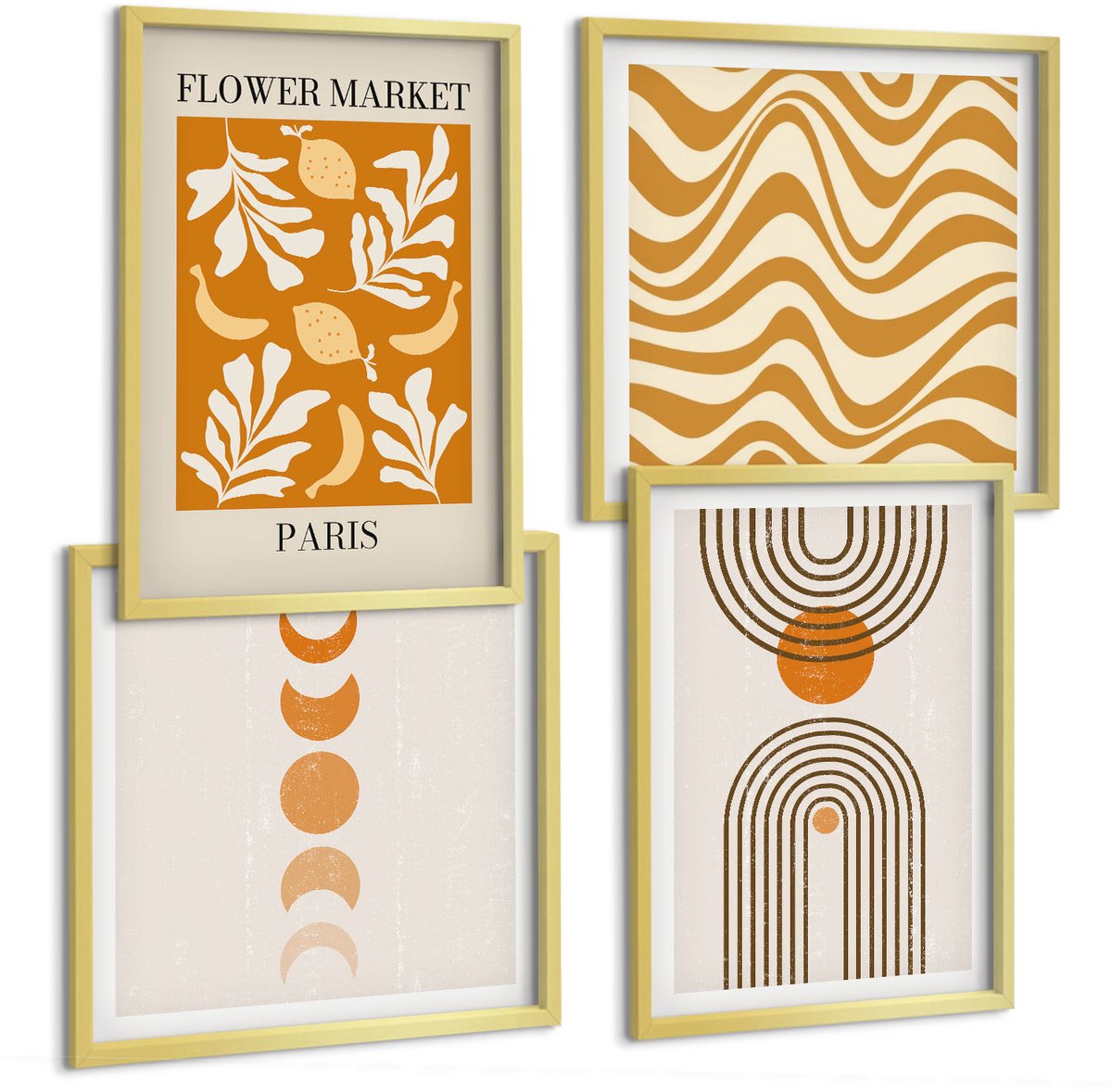 TULUP 4-Delige Schilderij Set - Modeposters met bloemen- en geometrische patronen - 40 x 40 cm en 40 x 60 cm - Muurdecoratie - Wanddecoratie - Hal Gouden lijst