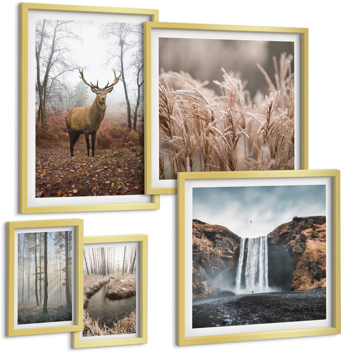 TULUP 5-Delige Schilderij Set - Natuurlijke landschappen met wilde dieren en bosdieren - 50 x 50 cm, 20 x 30 cm en 40 x 60 cm - Wanddecoratie - Muurdecoratie - Woonkamer - Interieur Decoratie Gouden lijst