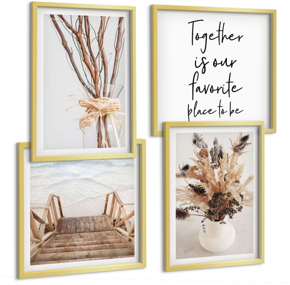 TULUP 4-Delige Schilderij Set - Bloemen en takken in een minimalistische, natuurlijke stijl. - 40 x 40 cm en 40 x 60 cm - Decoratieve Schilderijen - Wanddecoratie - Hal - Muurdecoratie Gouden lijst