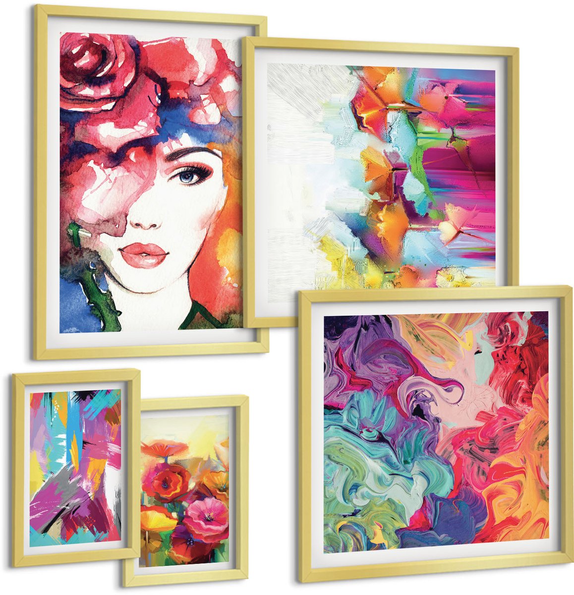 TULUP 5-Delige Schilderij Set - Kleurrijke abstracte kunst en portretten in een moderne stijl. - 50 x 50 cm, 20 x 30 cm en 40 x 60 cm - Wanddecoratie - Moderne Interieurdecoratie - Decoratieve Schilderijen Gouden lijst