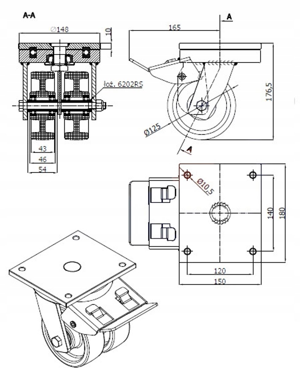 Zwenkbaar Polyamide Wiel 125mm, 900kg Laadvermogen