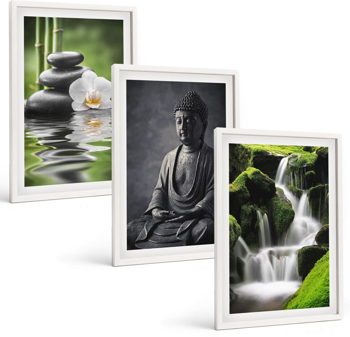 Tulup 3-Delige Schilderij Set - Rustgevende zen-afbeeldingen met water, stenen en Boeddha - 40x60 - Wanddecoratie - Schilderijen Set - Interieur