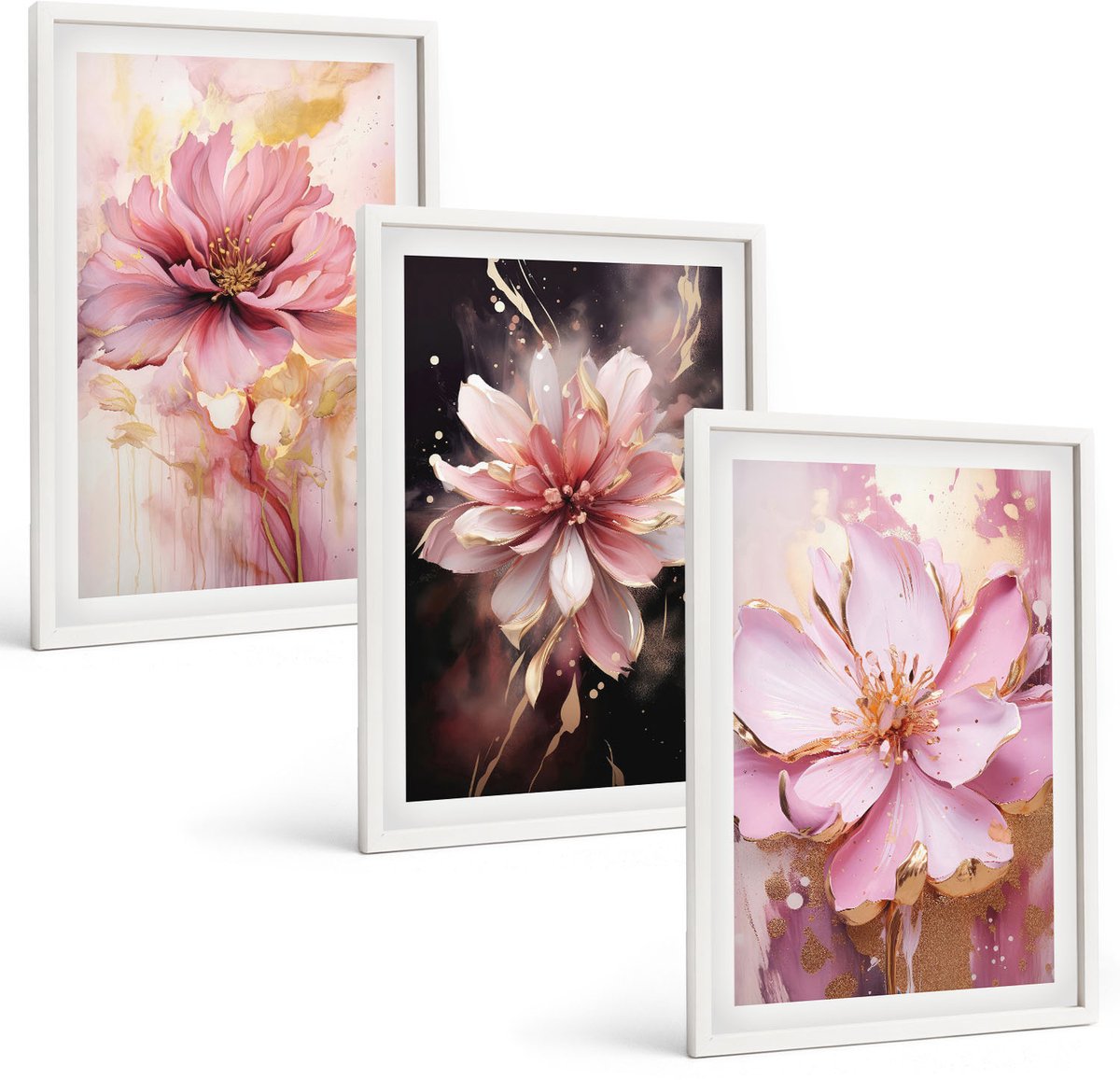 Tulup 3-Delige Schilderij Set - Bloemencomposities in roze en witte tinten. - 40x60 - Wanddecoratie - Schilderijen Set - Interieur - Stijlvolle Muurdecoratie
