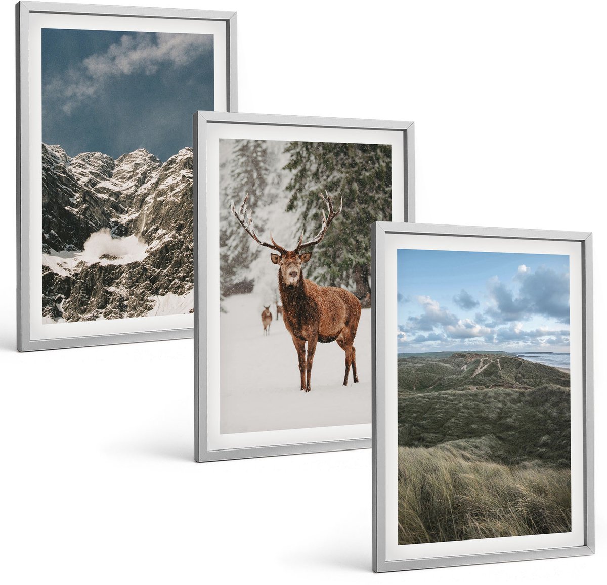 TULUP 4-Delige Schilderij Set - Bergen met sneeuwherten in boslandschappen - 40 x 60 cm - Moderne Wanddecoratie - Woonkamer Zilveren lijst