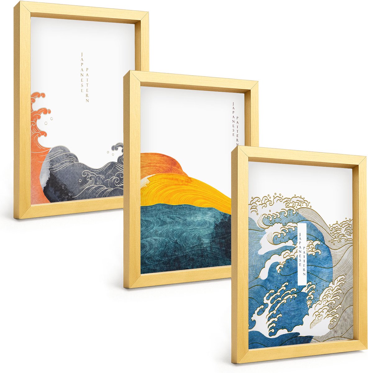 TULUP 4-Delige Schilderij Set - Golven in Japanse grafische stijl - 20 x 30 cm - Moderne Wanddecoratie - Slaapkamer - Interieur Decoratie Gouden lijst