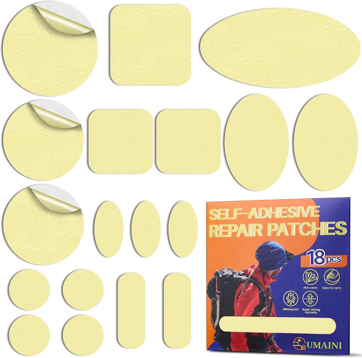 Reparatieset tentdoek - Beige - 18 stuks - Nylon zelfklevende waterdichte patches - Voor jas en tent