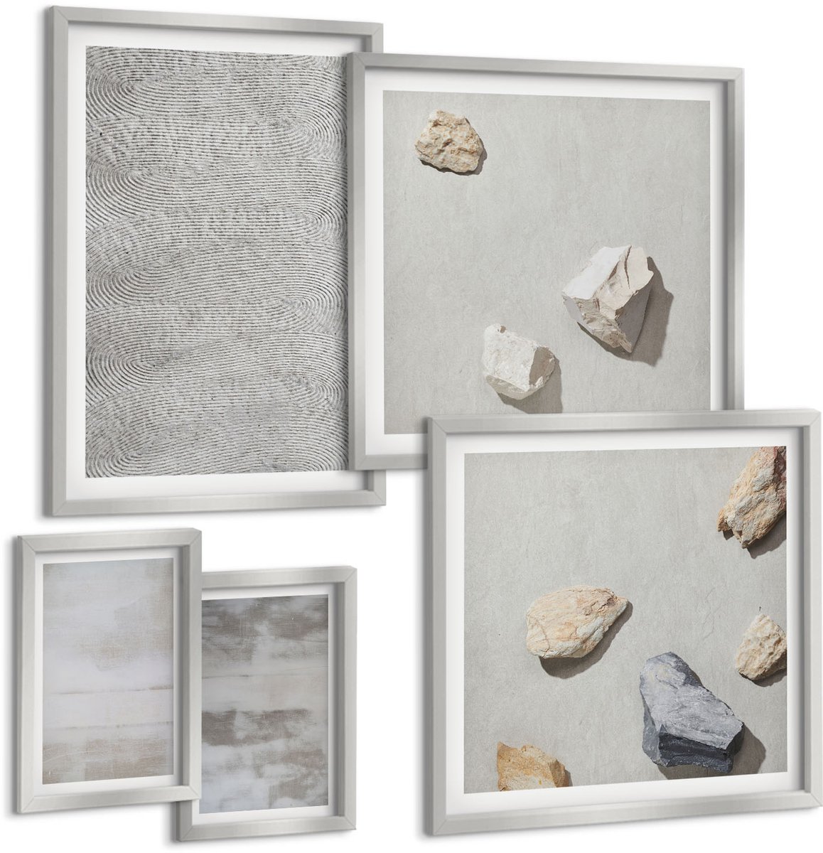 TULUP 4-Delige Schilderij Set - Moderne textuurstructuren in een minimalistische stijl. - 50 x 50 cm, 20 x 30 cm en 40 x 60 cm - Muurdecoratie - Interieur Decoratie - Stijlvolle Muurdecoratie Zilveren lijst
