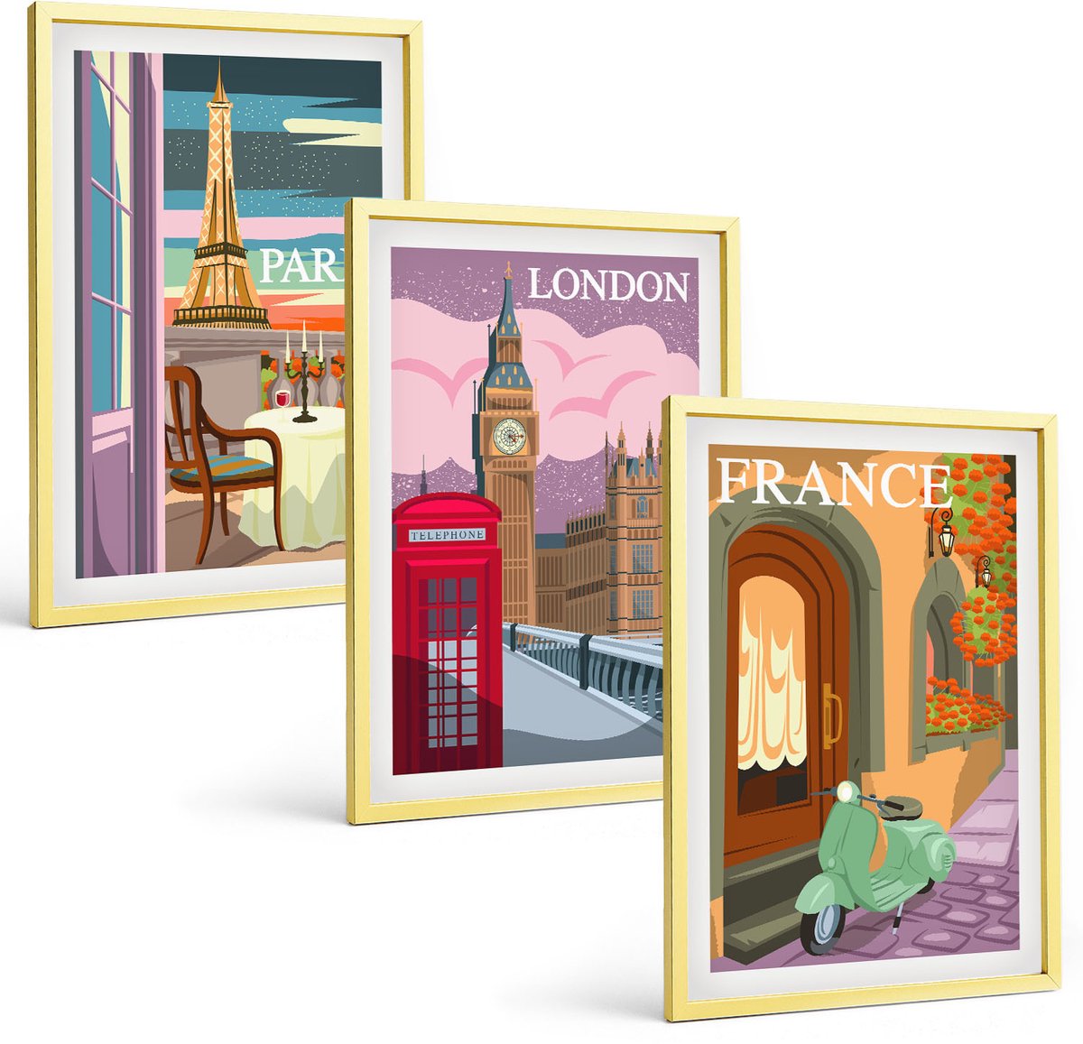 TULUP 4-Delige Schilderij Set - Retro stadsgezichten van Parijs, Londen en Frankrijk - 40 x 60 cm - Schilderijen Set - Wanddecoratie - Woonkamer - Stijlvolle Muurdecoratie Gouden lijst