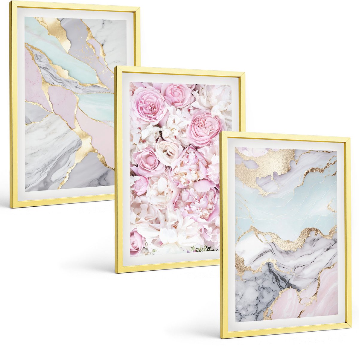 TULUP 4-Delige Schilderij Set - Roze bloemen met marmer- en pastelpatronen - 40 x 60 cm - Moderne Wanddecoratie - Slaapkamer - Interieur Decoratie Gouden lijst