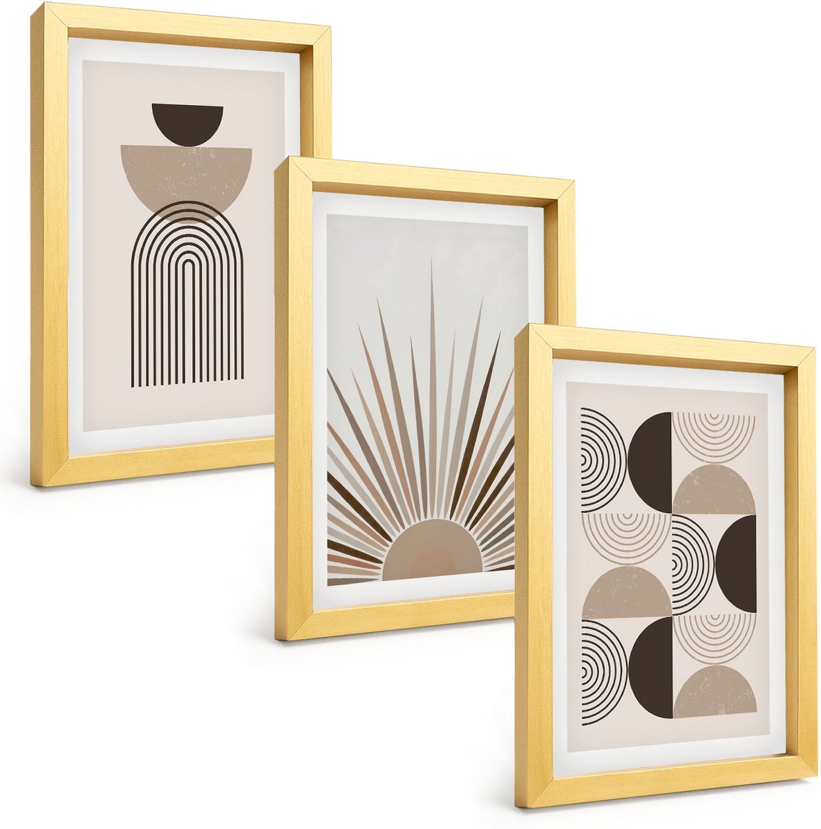 TULUP 4-Delige Schilderij Set - Abstracte vormen in beige en bruine tinten. - 20 x 30 cm - Schilderijen Set - Wanddecoratie - Woonkamer - Interieur Decoratie Gouden lijst