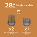 28 lengte-instellingen, twee verstelbare kammen van 3-28 mm en één precisiekam van 2 mm.