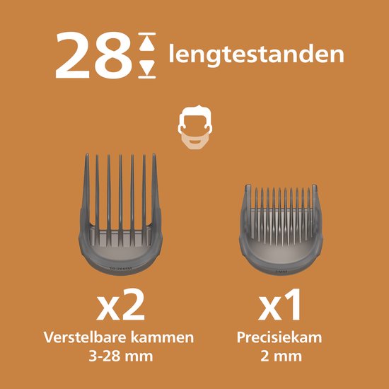 28 lengte-instellingen, twee verstelbare kammen van 3-28 mm en één precisiekam van 2 mm.