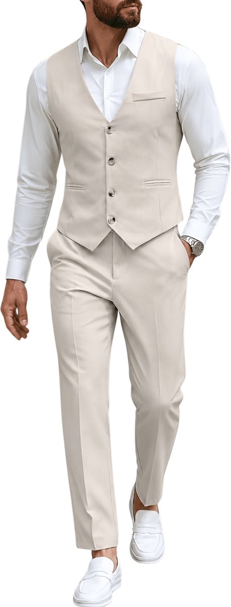 Currero 3 Delig Herenpak Met Overhemd - Suit 2 Delig - Tailored Fit Kostuum - Business Pak - Trouwpak - Smoking - Tuxedo Stijl - Bruiloft, Kantoor & Feest - Abrikoos S