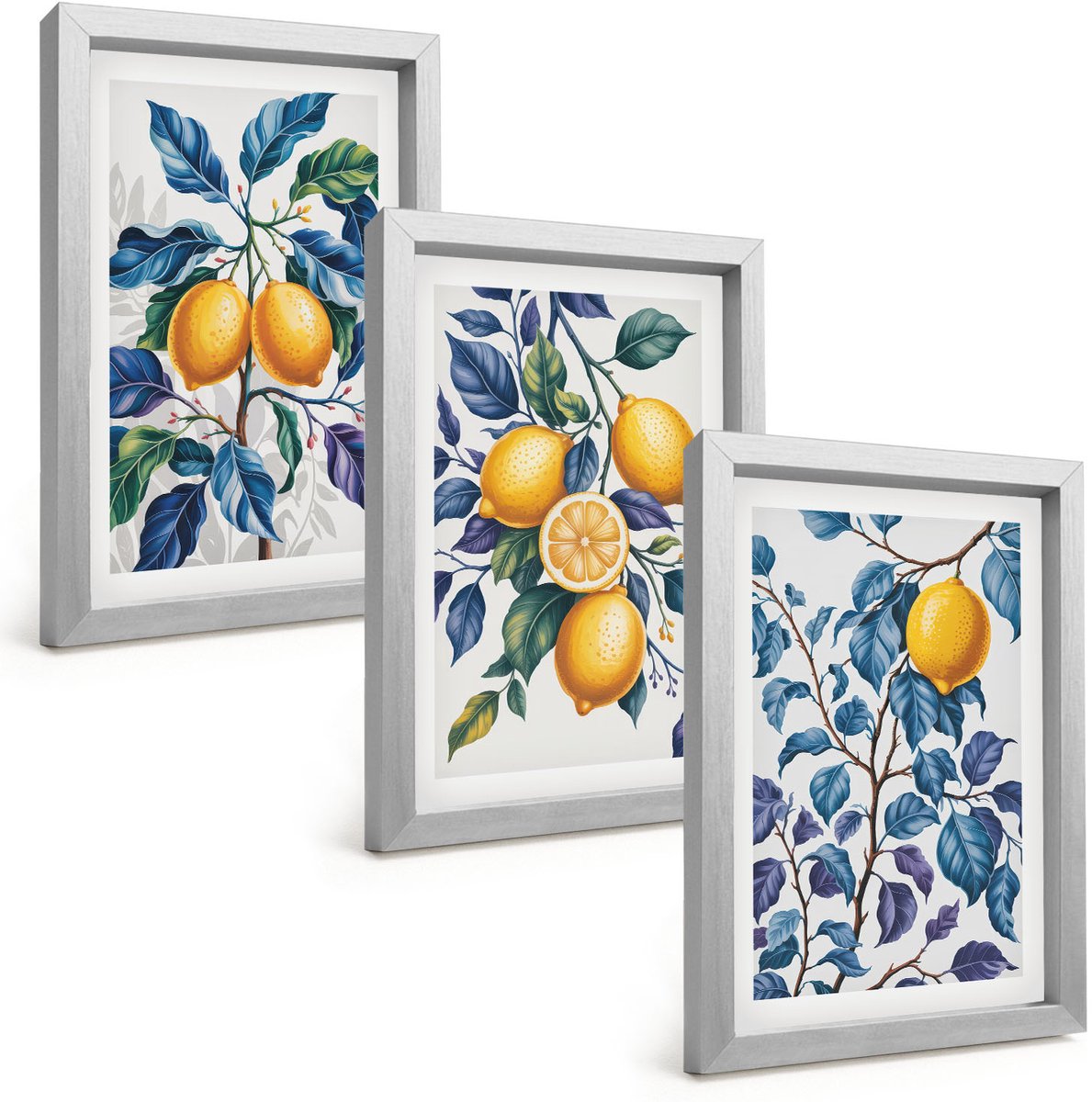 Tulup 4-Delige Schilderij Set - Citroenen aan takken met blauwe bladeren - 20 x 30 cm - Decoratieve Schilderijen - Woonkamer - Interieur - Muurdecoratie