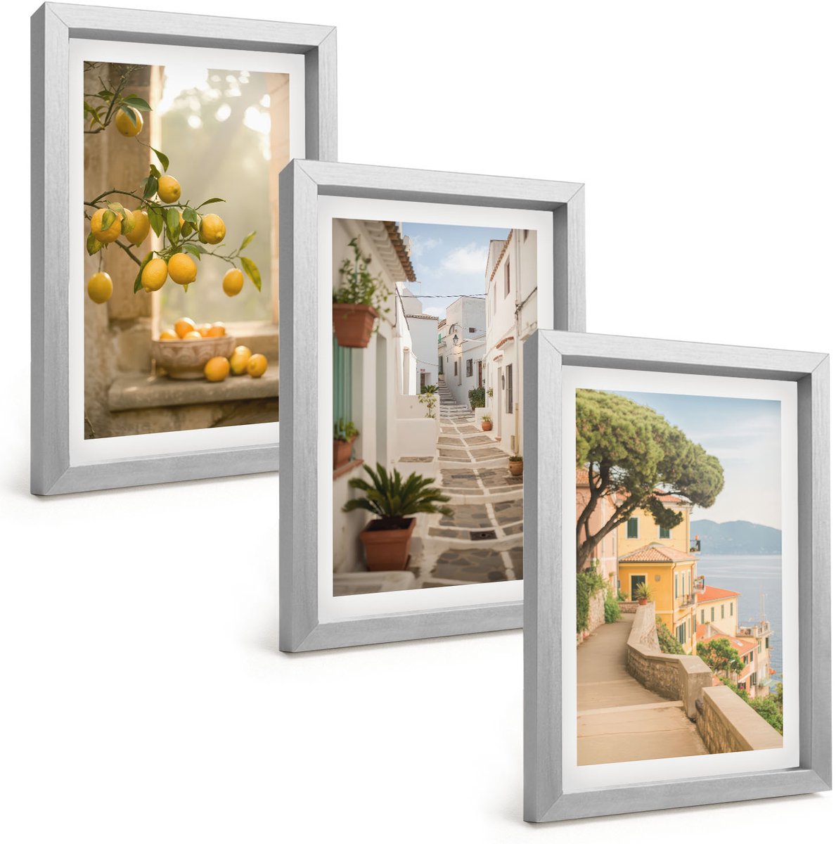 Tulup 4-Delige Schilderij Set - Uitzicht op citrusbomen vanuit het raam en architectuur aan zee. - 20 x 30 cm - Decoratieve Muurdecoratie - Slaapkamer