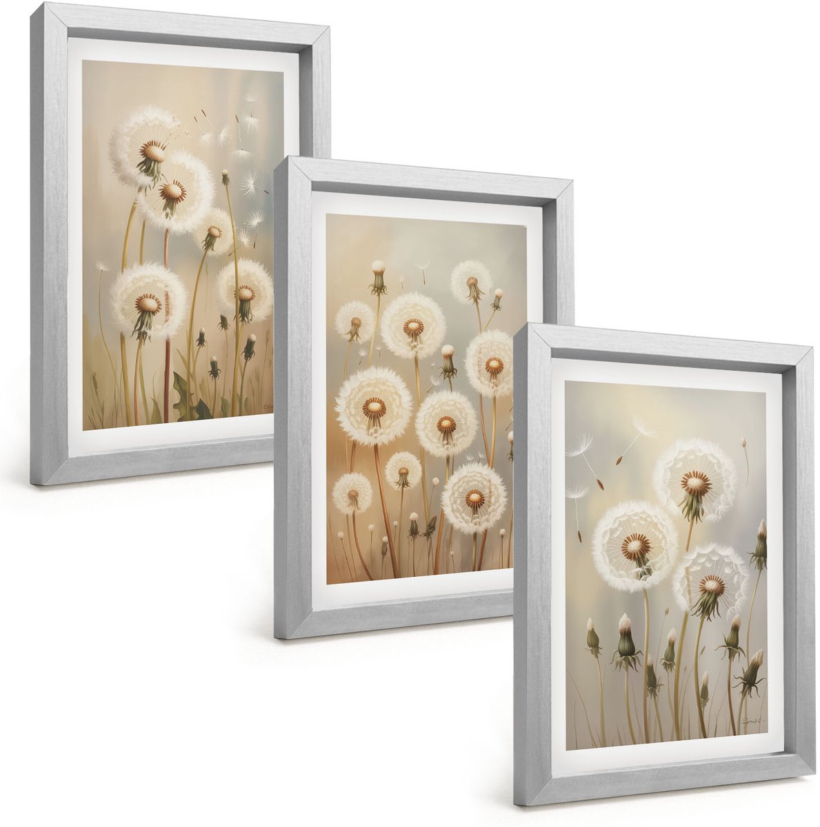 Tulup 4-Delige Schilderij Set - Witte paardenbloemen op een achtergrond van lichte kleuren. - 20 x 30 cm - Muurdecoratie - Interieur Decoratie