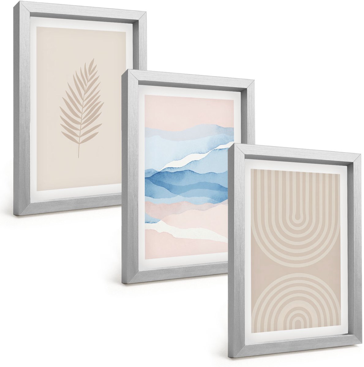 TULUP 4-Delige Schilderij Set - Bladeren en golven in beige en blauwe tinten. - 20 x 30 cm - Decoratieve Schilderijen - Woonkamer - Interieur - Interieur Decoratie Zilveren lijst
