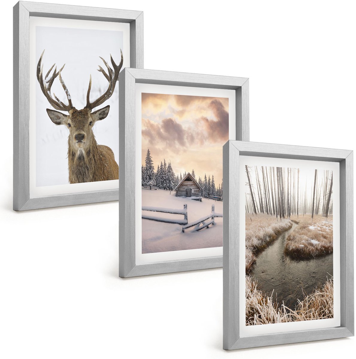 Tulup 4-Delige Schilderij Set - Winterlandschap met hertenhut en beekje - 20 x 30 cm - Muurdecoratie - Decoratieve Schilderijen - Wohnzimmer - Moderne Wanddecoratie