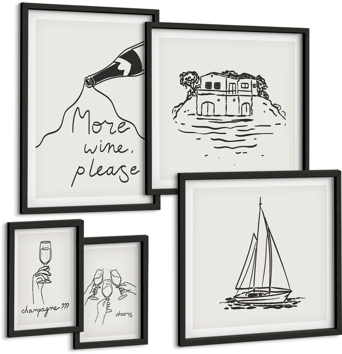 Tulup 4-Delige Schilderij Set - Stijlvolle afbeeldingen met thema's als wijn en ontspanning aan het water. - 50 x 50 cm, 20 x 30 cm en 40 x 60 cm - Wanddecoratie - Schilderijen Set - Interieur - Interieur Decoratie