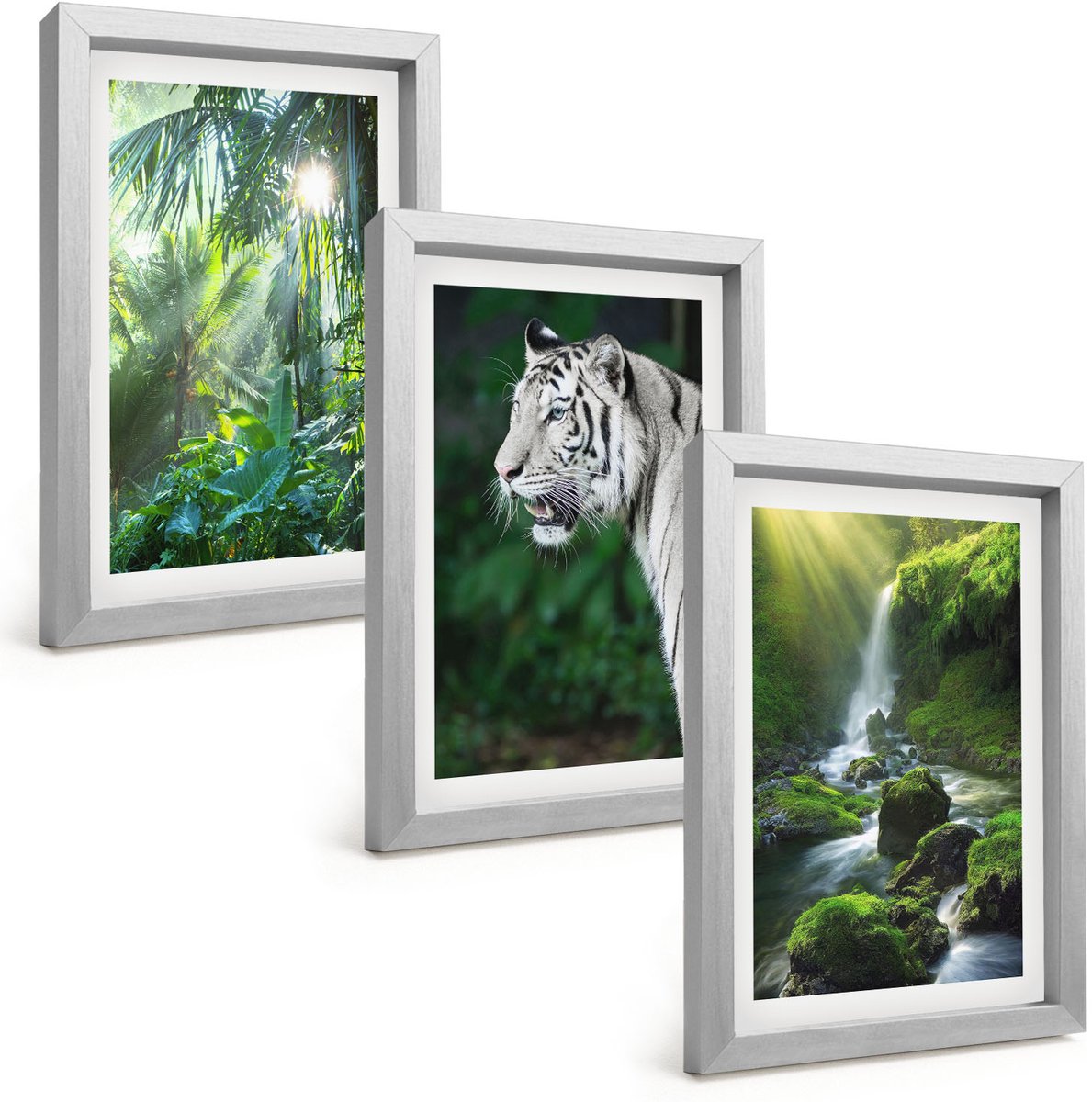 Tulup 4-Delige Schilderij Set - Jungle met een witte tijger en een wilde waterval - 20 x 30 cm - Wanddecoratie - Moderne Interieurdecoratie - Stijlvolle Muurdecoratie
