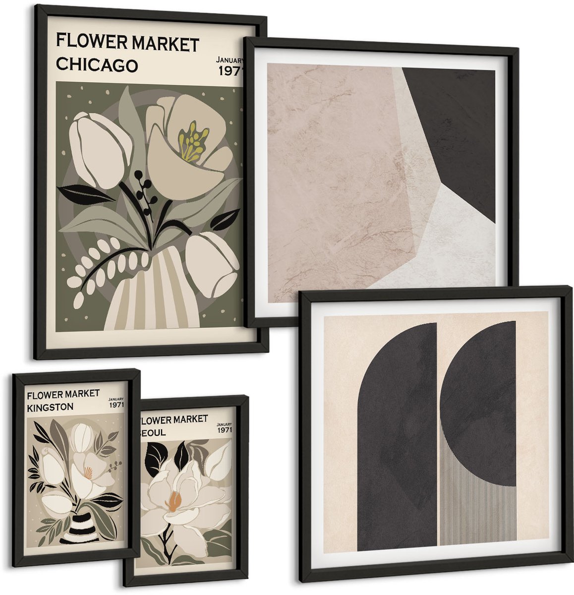 Tulup 4-Delige Schilderij Set - Stijlvolle composities met bloemen- en geometrische motieven. - 50 x 50 cm, 20 x 30 cm en 40 x 60 cm - Wanddecoratie - Moderne Interieurdecoratie - Interieur Decoratie