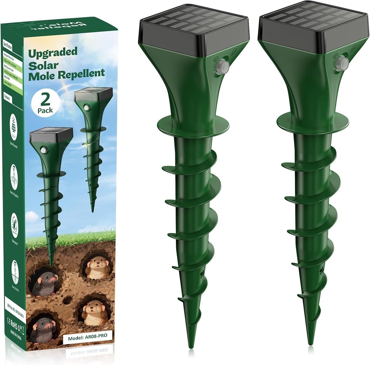 Mollenverjager trilling - Groen - Zonne-energie - Waterdichte Woelmuisverjager voor Tuin