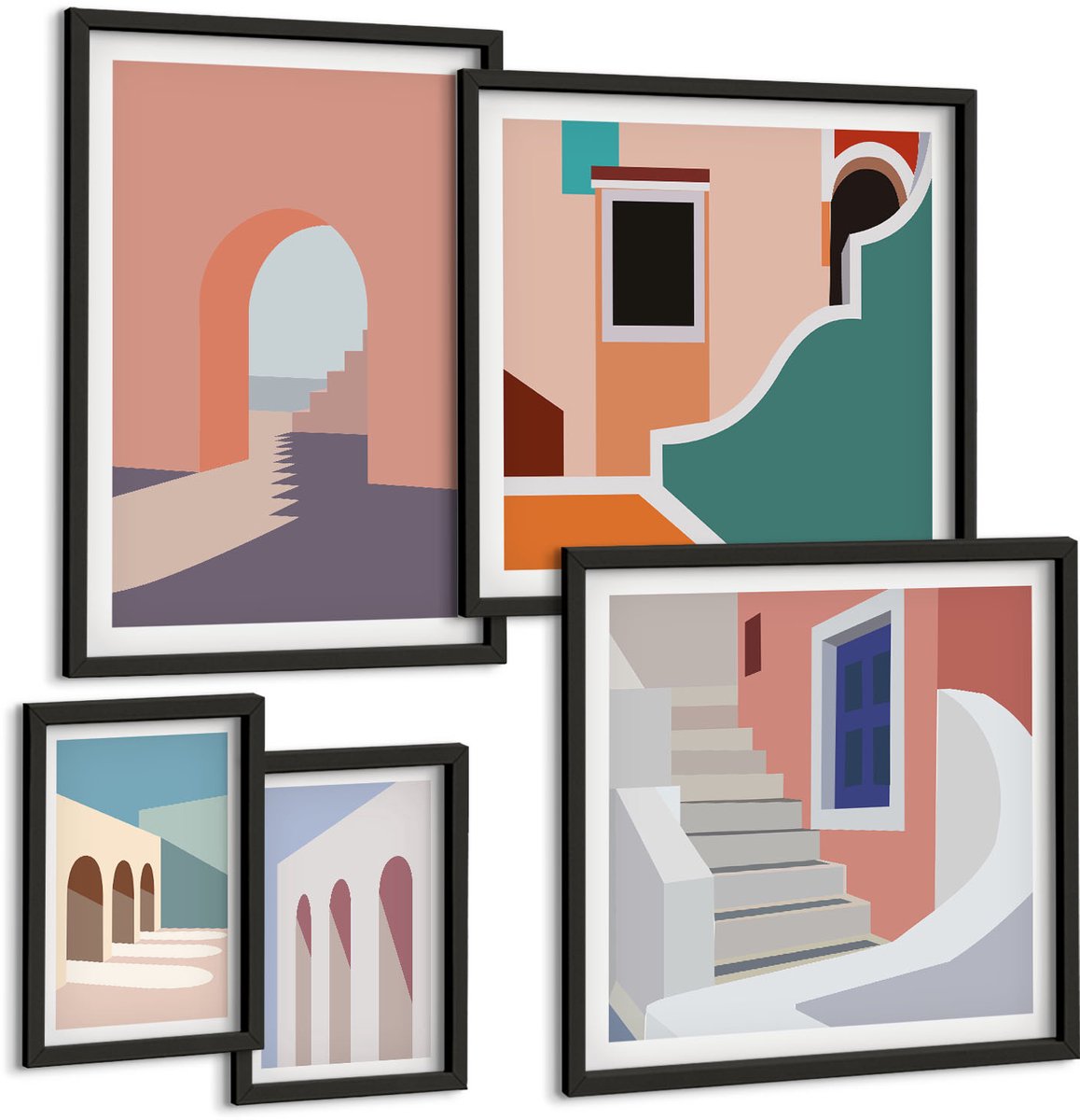 Tulup 4-Delige Schilderij Set - Pastel minimalistische stedelijke architectuurafbeeldingen - 50 x 50 cm, 20 x 30 cm en 40 x 60 cm - Wanddecoratie - Muurdecoratie - Woonkamer - Decoratieve Schilderijen