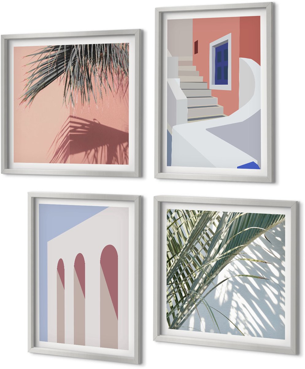 Coloray 4-Delige Schilderij Set - Illustraties van stedelijke architectuur in minimalistische stijl - 40 x 40 cm en 40 x 60 cm - Muurdecoratie - Wanddecoratie - Hal - Stijlvolle Muurdecoratie