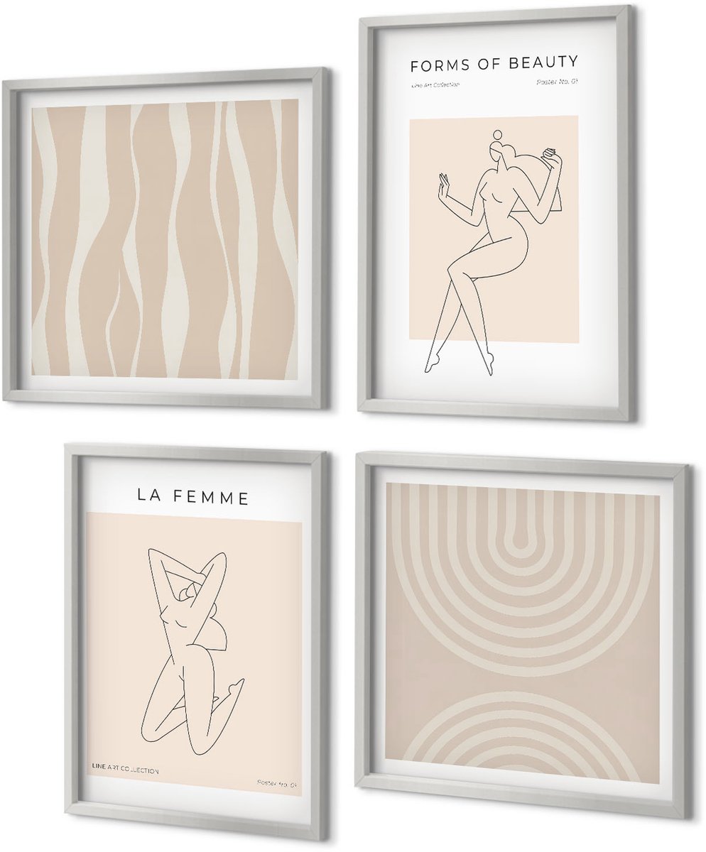 Coloray 4-Delige Schilderij Set - Een verzameling minimalistische vormen en natuurlijke figuren - 40 x 40 cm en 40 x 60 cm - Wanddecoratie - Muurdecoratie - Woonkamer - Woonkamer Decoratie