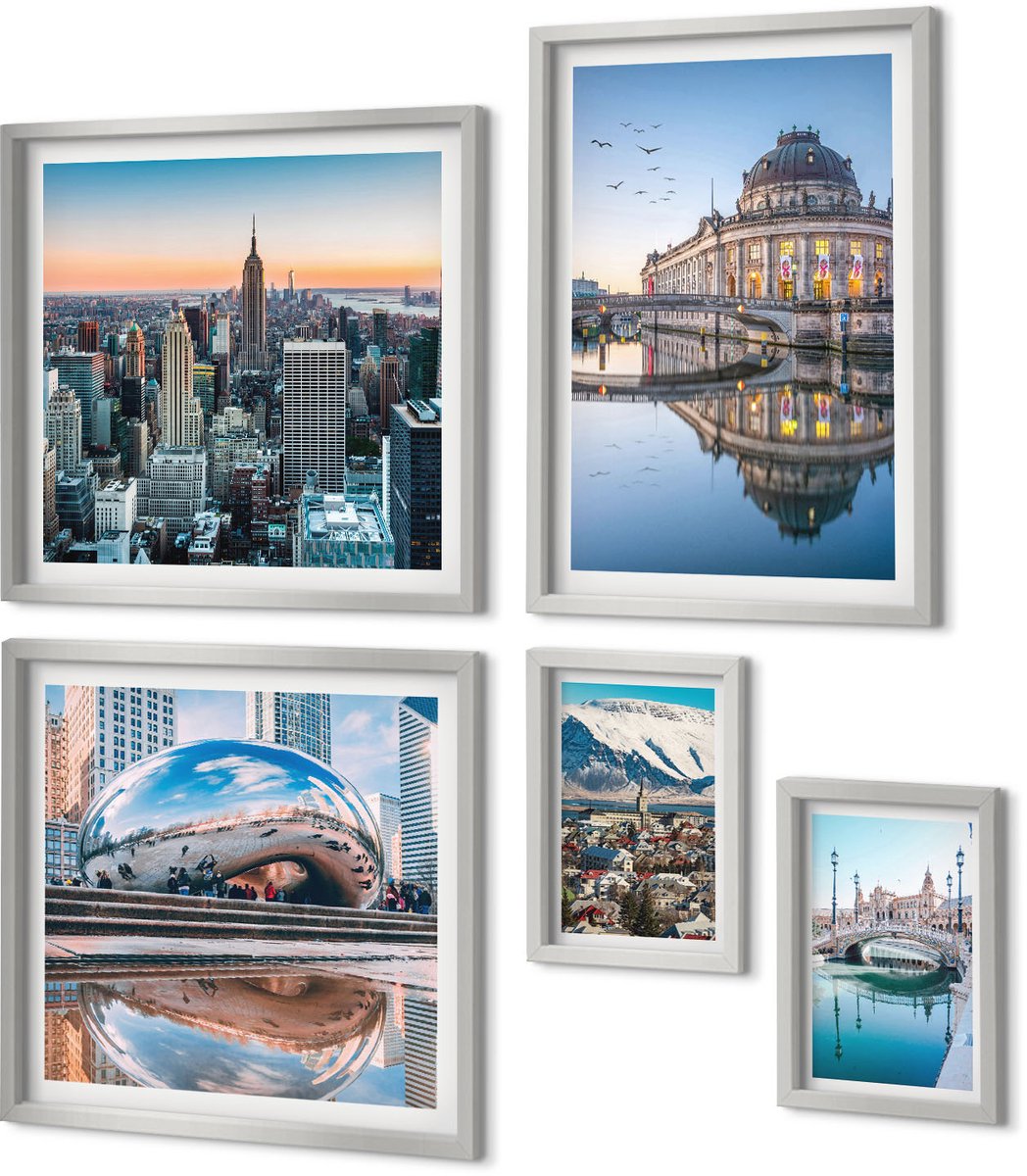 Coloray 5-Delige Schilderij Set - Stadsarchitectuur Met Weerspiegeling In Het Water - 20 x 30 cm - Wanddecoratie - Schilderijen Set - Interieur