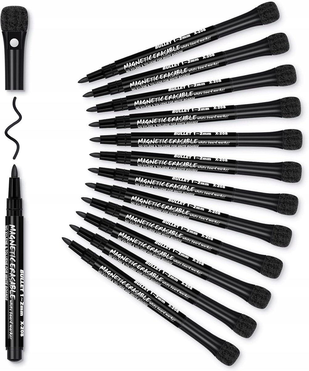 Zwart whiteboard markers, 12 stuks, met wisser en bord