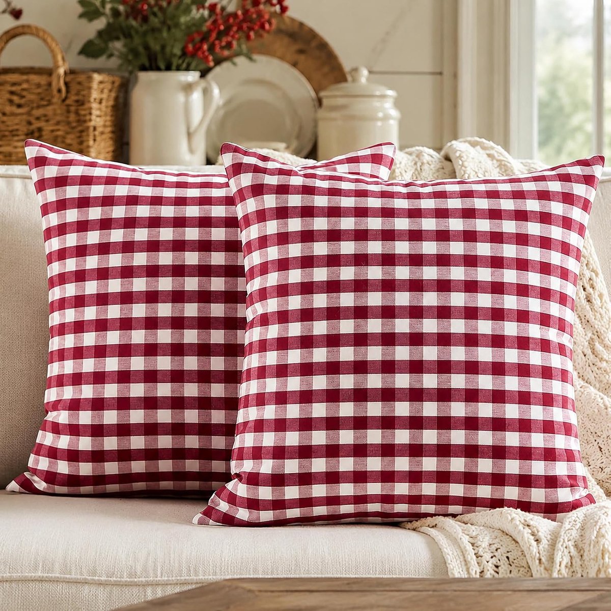Country house style decoration, pillowcase, red white Gingham checkered - ShopVlot