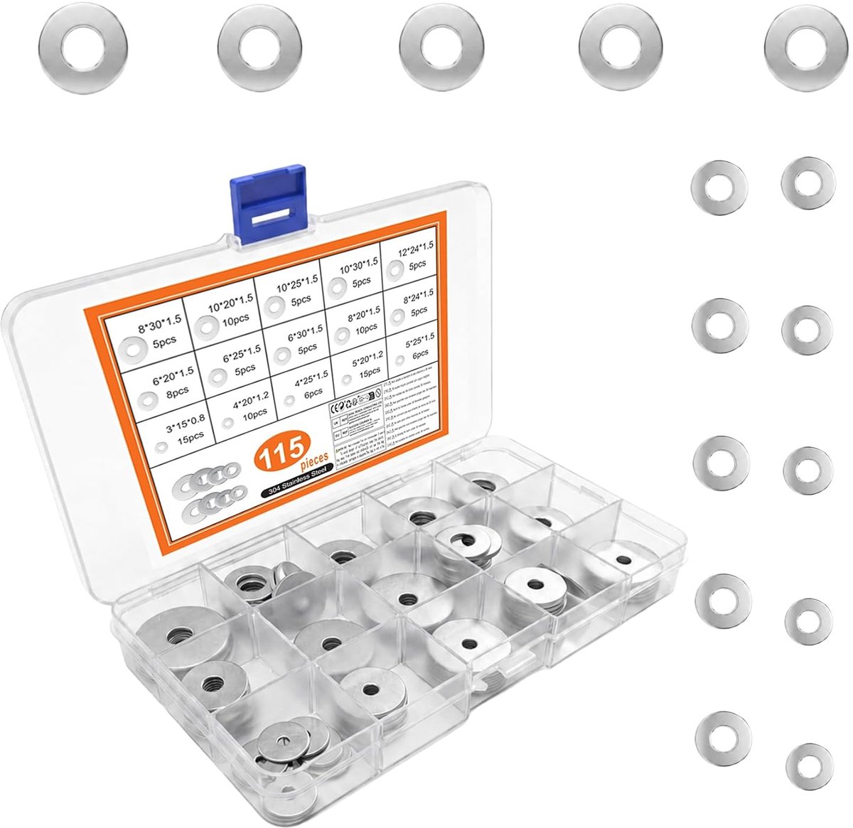 230 Pcs Stainless Steel Washers Set, Body Discs Large Flat Assortment Metal Washers for Nuts, M3/M4/M5/M6/M8/M10/M12 - ShopVlot