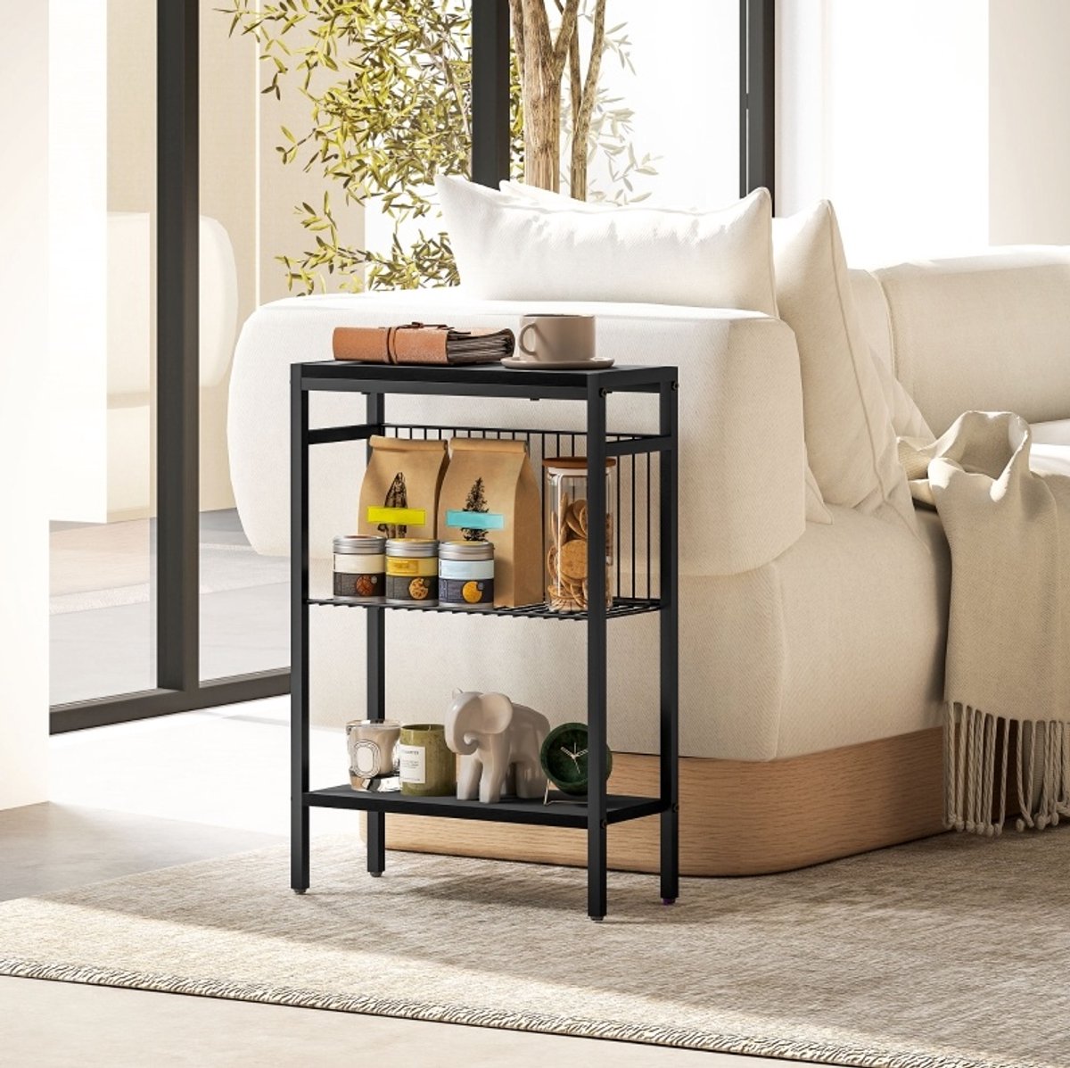 MIVRAY Bijzettafel Met Drie Opbergvakken En Stalen Frame Voor Woonkamer En Slaapkamer In Industrieel Design Zwart 43x18x62,5 Cm