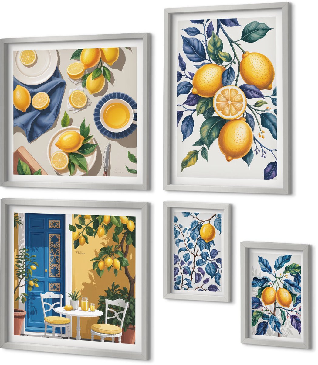 Coloray 5-Delige Schilderij Set - Esthetisch Aantrekkelijke Combinatie Van Groene Olijven En Eucalyptustakken - 20 x 30 cm - Muurdecoratie - Wanddecoratie - Hal