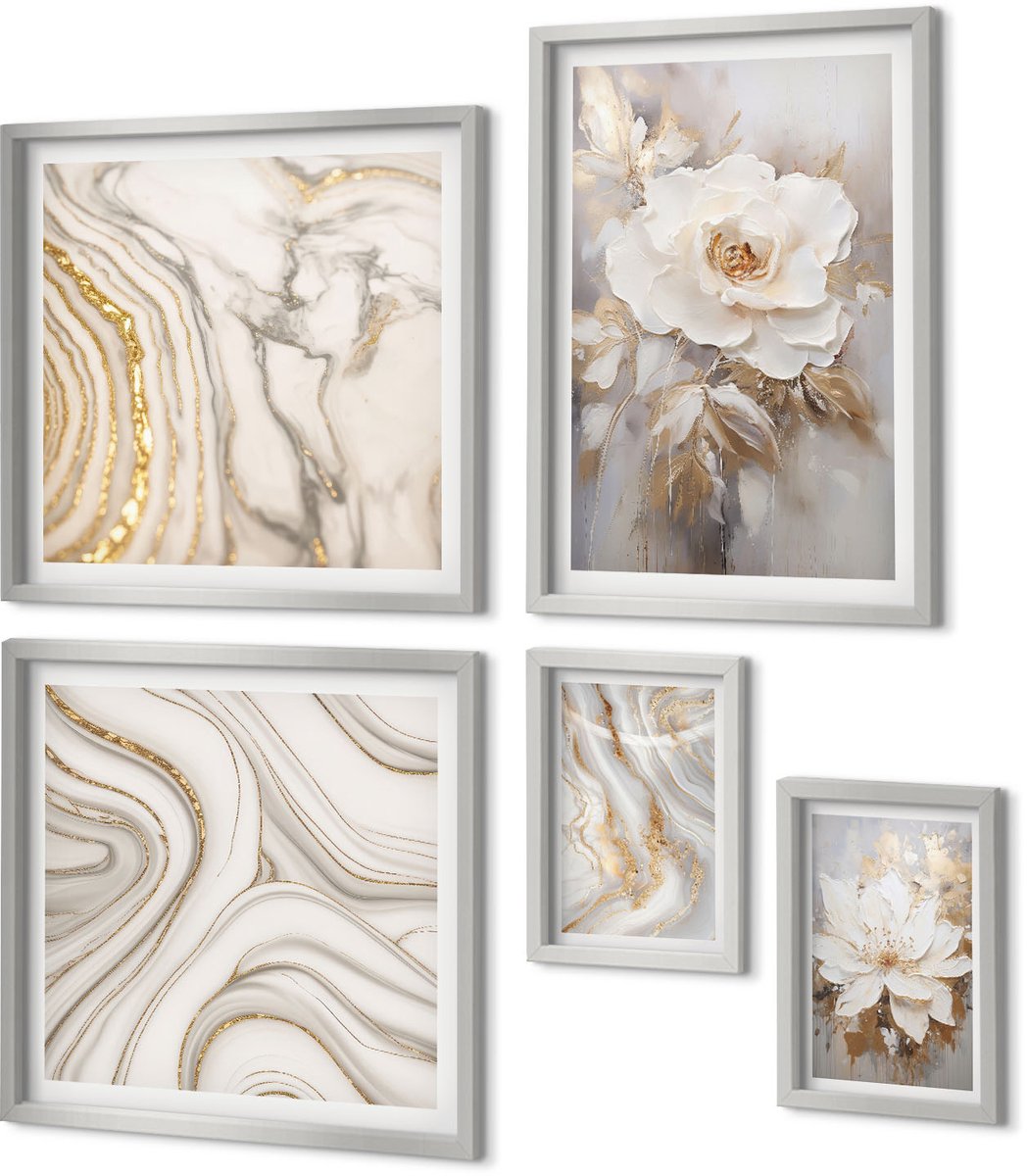 Coloray 5-Delige Schilderij Set - Subtiele Abstracte Verfspatpatronen - 20 x 30 cm - Muurdecoratie - Wanddecoratie - Slaapkamer - Woonkamer Decoratie