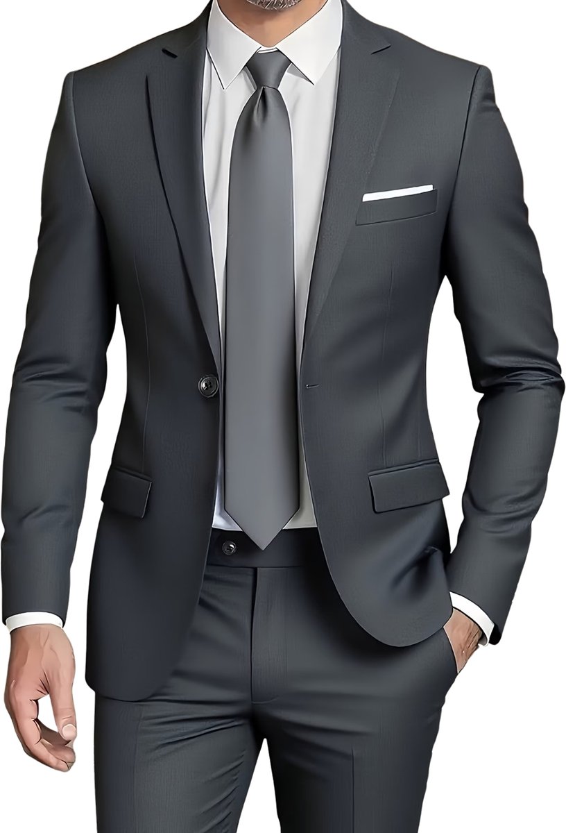 Currero 3 Delig Herenpak Met Overhemd - Suit 2 Delig - Tailored Fit Kostuum - Business Pak - Trouwpak - Smoking - Tuxedo Stijl - Bruiloft, Kantoor & Feest - Donkergrijs S