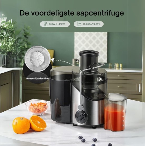 QUOVO® Sapcentrifuge voor Groenten & Fruit - Juicer met microfilter - Slowjuicer met Grote Vulopening - Fruitpers - 3 Snelheden - BPA-Vrij - Zwart/RVS- 30cmx 20cm x 18cm van Quovo — afbeelding 5