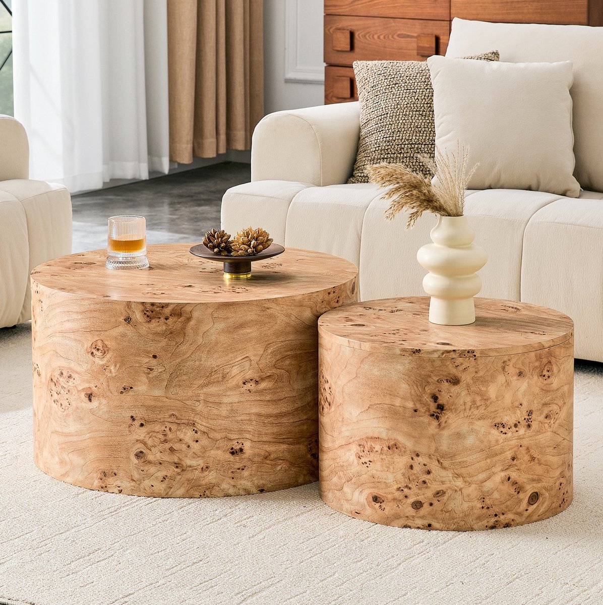 MIVRAY Salontafel Set Van 2 Met Opbergruimte En Afneembaar Deksel Ronde Nesttafels In Houtlook MDF 62,8 En 44 Cm