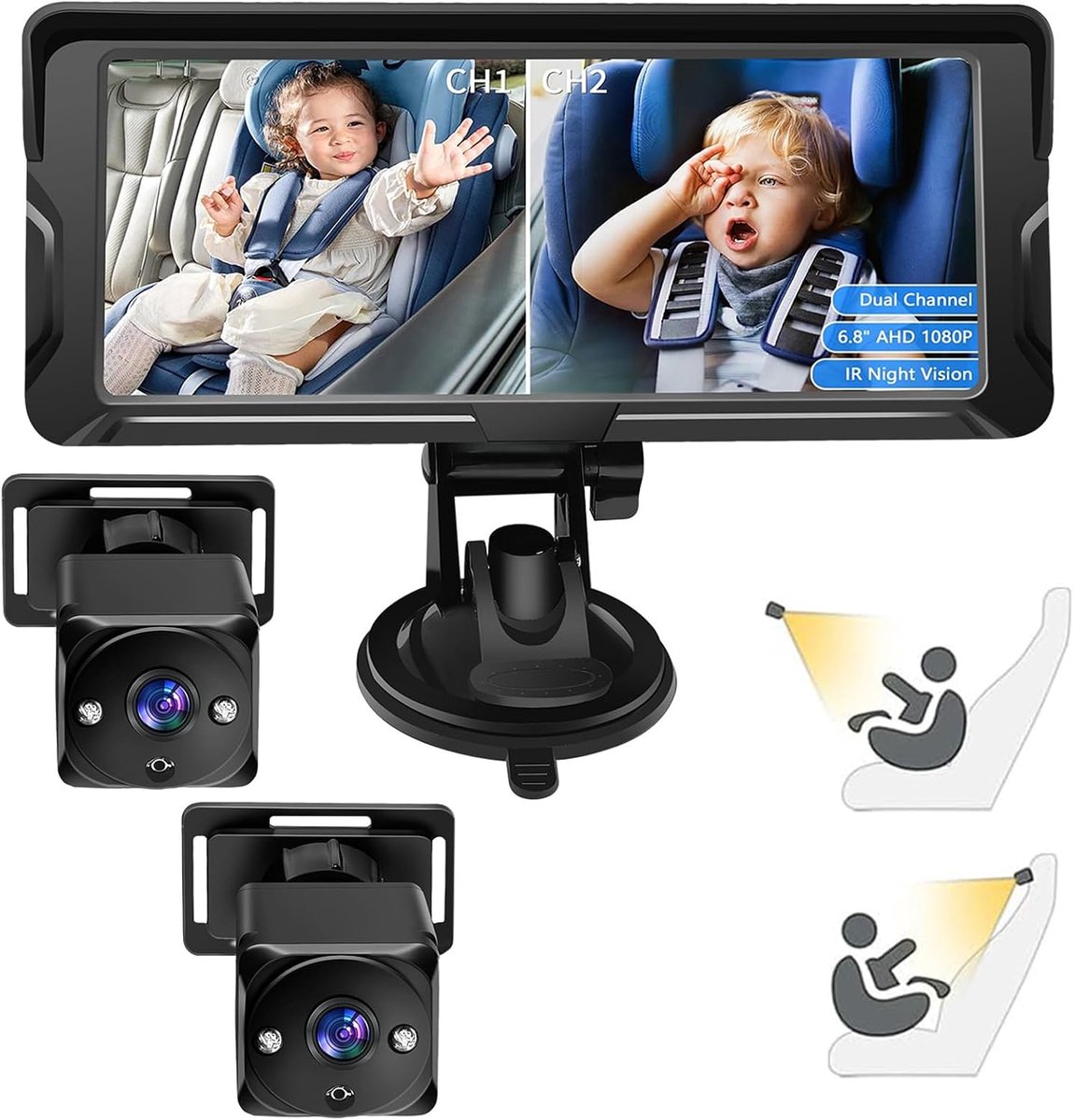 2-Kids 6,8-inch 1080P babyautostoelcamera met scherm, uitgerust met 2 infrarood nachtzichtcamera's en een 150° groothoeklens, eenvoudig te installeren.