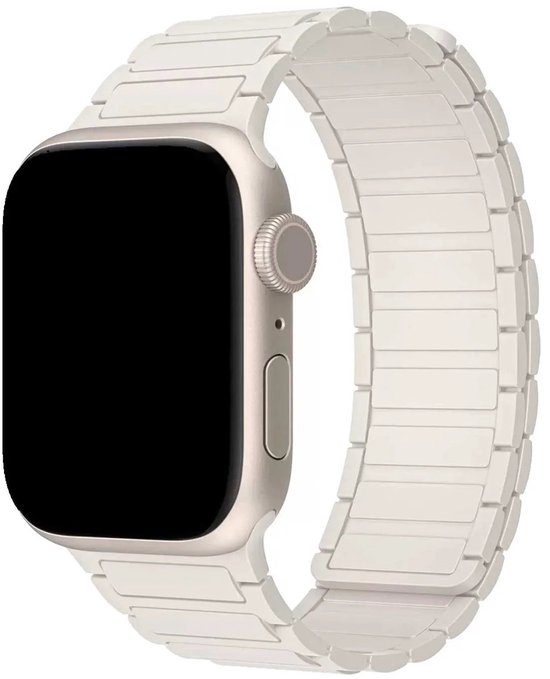 Apple Watch met een lichtroze metalen schakelbandje, weergave van de zijkant.