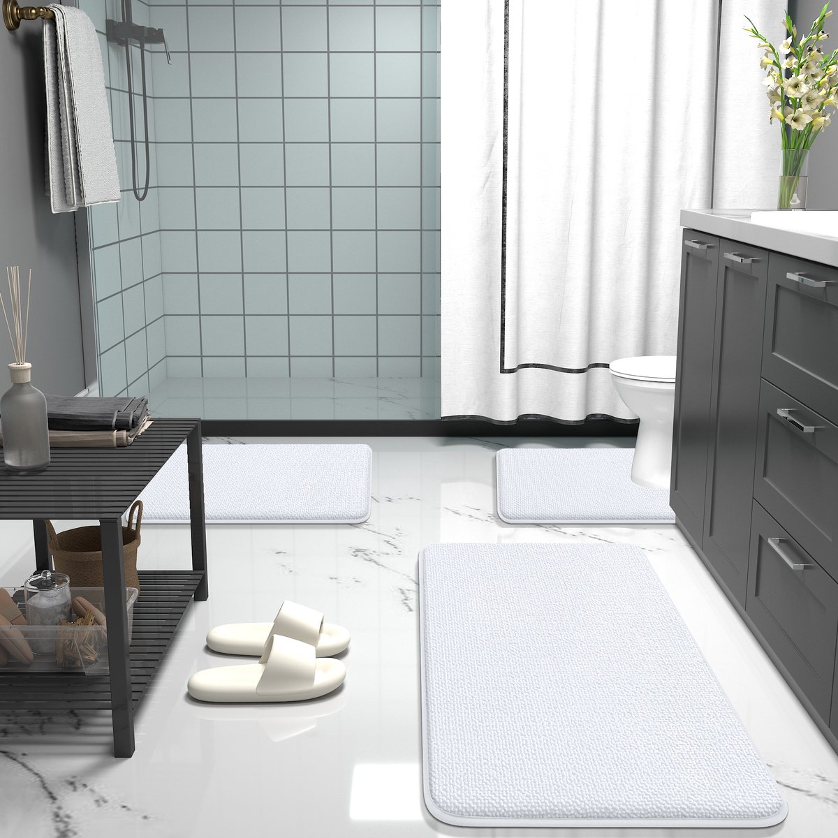 Olanly Badmat Antislip – Dikke Geheugenschuim Douchemat – Badmat Badkamer – Sneldrogend Vloermat – Wit – 51X61cm