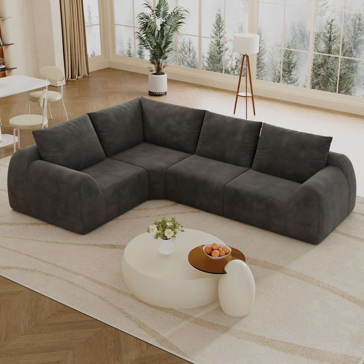 OKWISH Hoekbank 267 cm - 4-Zits Zonder Montage - Comfortabele L-Vorm Voor Woonkamer - Sjenille Stof - Donkergrijs