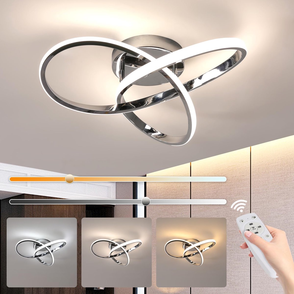 Riserva LED Plafondlamp modern art‑deco klaver chroom, 40cm, 36W traploos dimbaar 3000‑6500K met afstandsbediening, aluminium + ijzer + siliconen