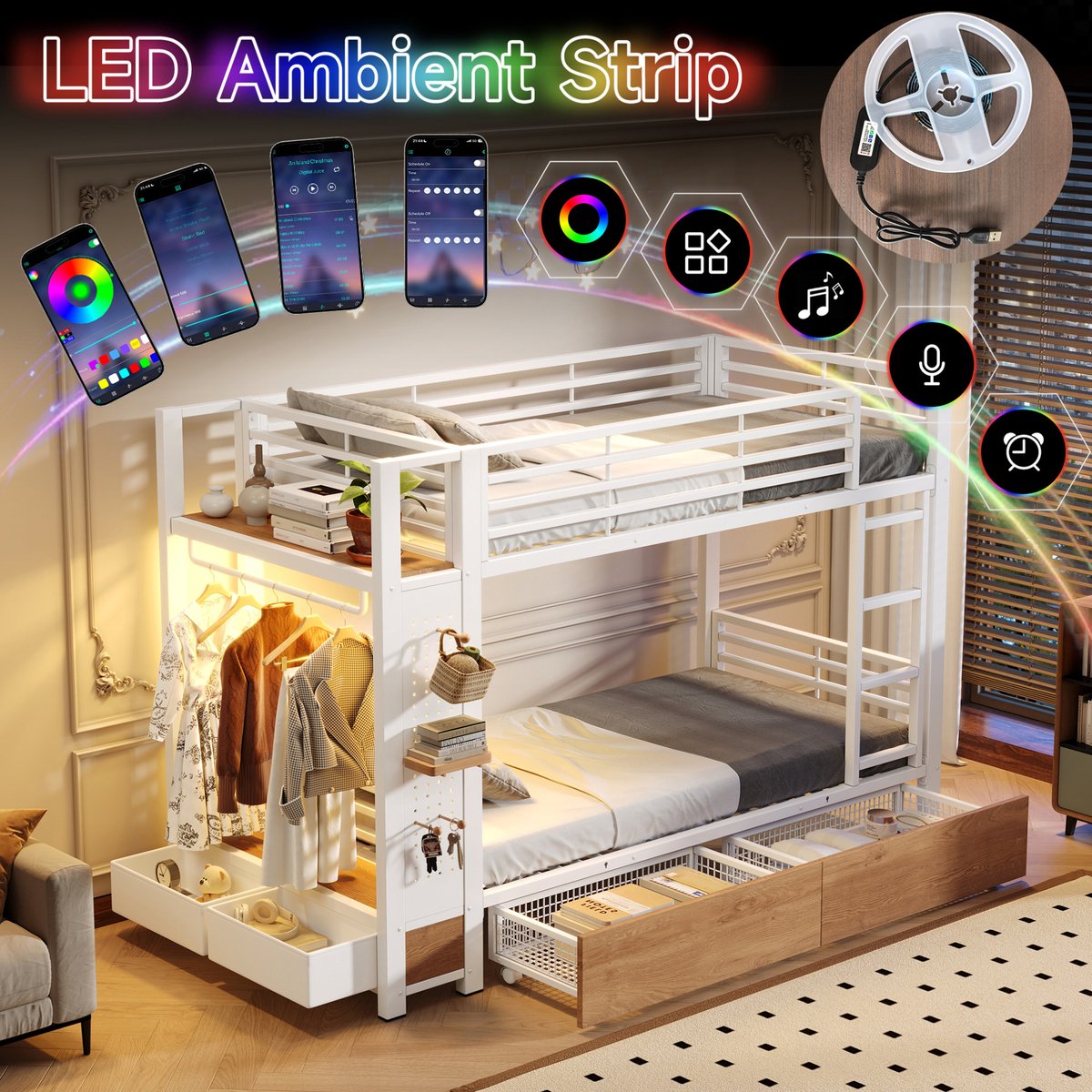 MIVRAY Stapelbed 90x200 cm Zonder Matras Met Opberglades LED Verlichting En Hanggedeelte Voor Slaapkamer MDF Metaal Wit