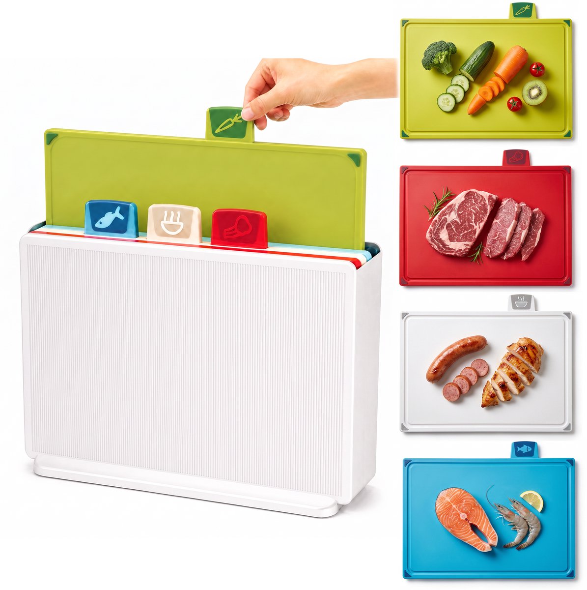 Snijplankenset met houder - 4 kunststof snijplanken met kleurcodes en voedseliconen - Voor groente, vlees, vis en bereid voedsel - Compacte verticale opberger - PP, ABS en siliconen - Zilverkleurige houder - 30 x 22,8 x 0,8 cm per plank
