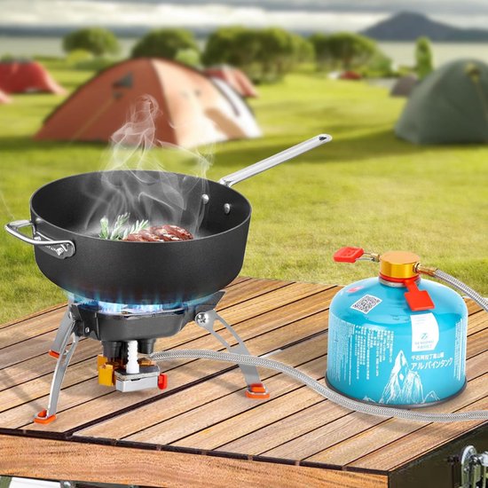 QUOVO® Wokbrander - Kookbrander 7200 Watt - Wok Brander - Met Slang en Regelaar - Propaan/Gas - Voor Buiten - Camping Kooktoestel Wind Proof - Zwart - 16cm x 16cm x 11cm van Quovo — afbeelding 4