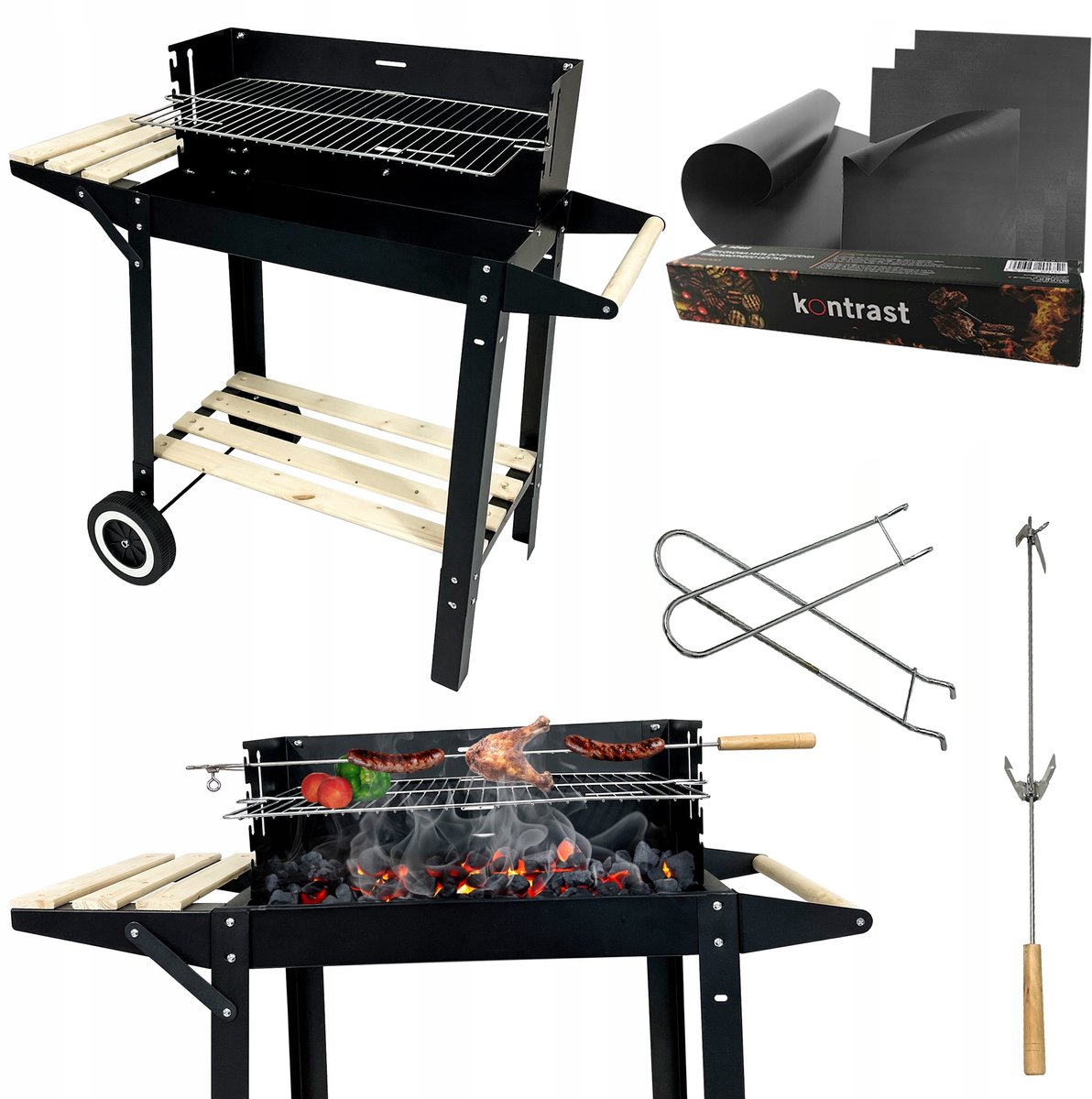 Draagbare Kolen BBQ Grill met 2 plateaus en wielen + 4 Teflon Mats