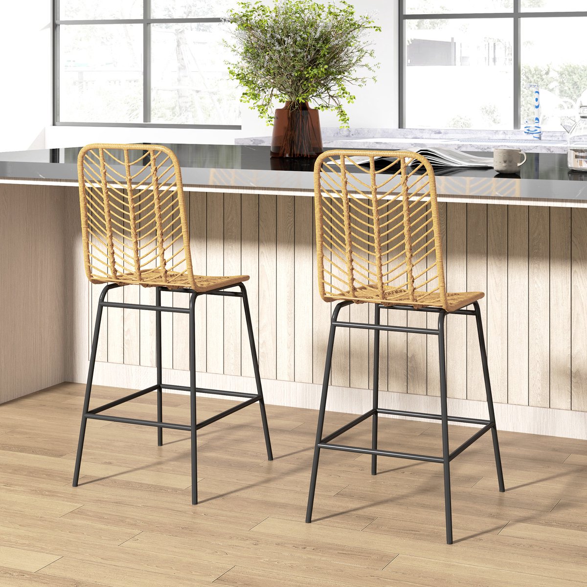 FloraGrace Barkruk Set Van 2 Met Rugleuning - Boho Design Met Voetsteun - Voor Keuken Of Bar - Rotan En Metaal - Geel En Zwart